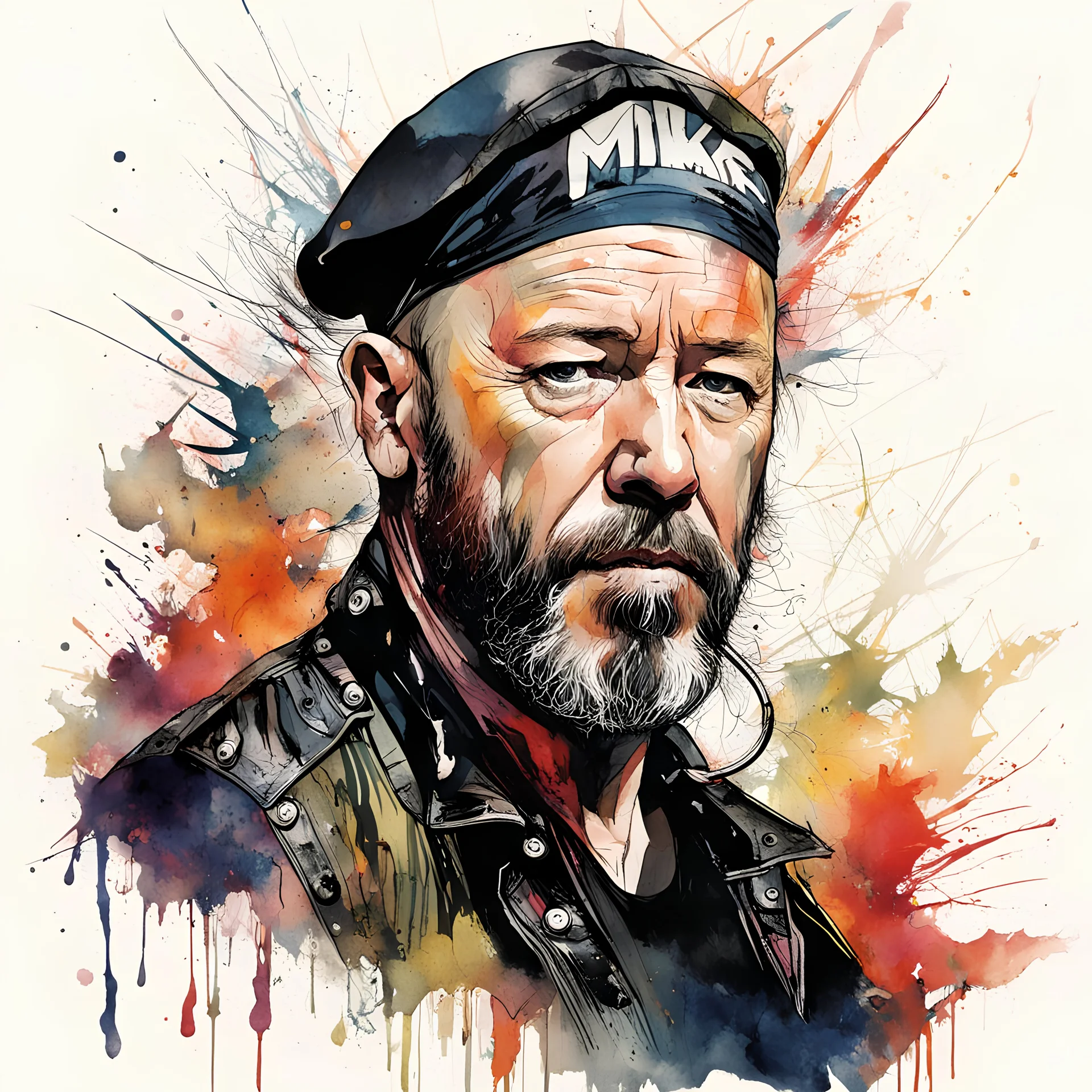 Portrait of Mike Muir, maximal mind-bending watercolor illustration; by Cindy Sherman and Russ Mills