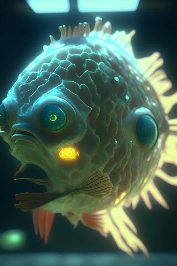 Radioactive Brain looking fish ,unreal engine 5, ray tracing, RTX, lumen lighting, ultra detail, volumetric lighting, 3d.