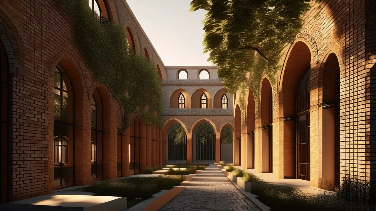 Hyper-realistic render of a fair-faced brick library featuring semicircular arches and perfect modular repetition. The materiality shows marked joints and a warm texture under golden sunset light. An interior courtyard visible with a scattered tree. Clean lines, balanced composition, and an atmosphere of silent monumentality.
