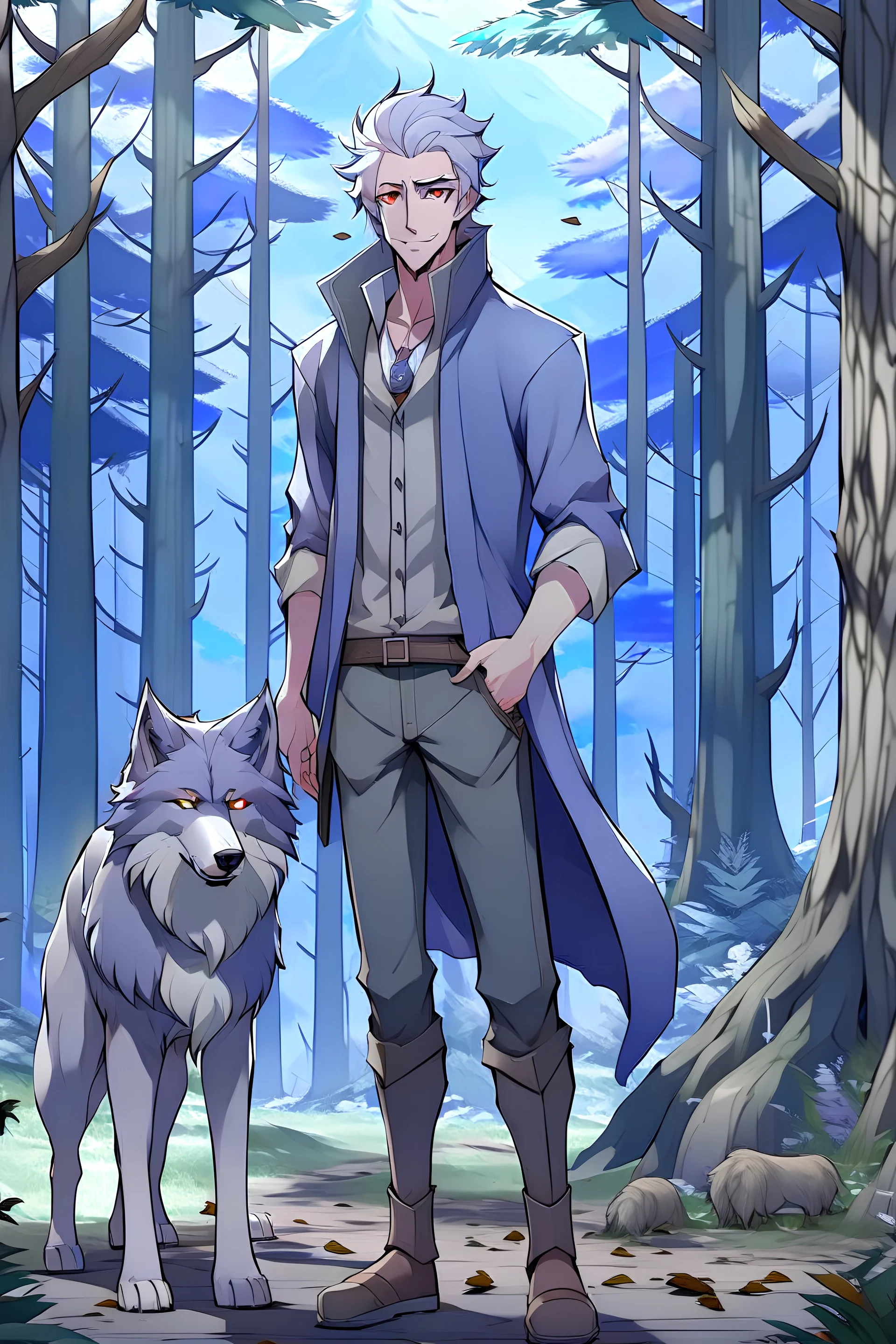 The handsome and perfect full body is on the spruce land, anime, a casual, gray-haired and lilac-eyed male character with wolf ears and a feline tail in the forest, 8K resolution, high quality, ultra graphics, and detailed with lines.