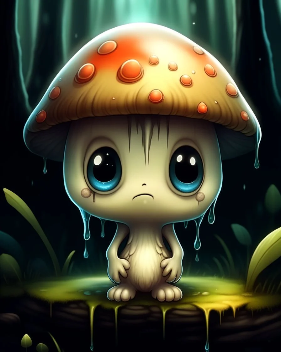 A melancholic creepy kawaii mushroom with a tiny, frowning mouth and big droopy eyes, sitting on a mossy log in a quiet and peaceful forest, lost in its own thoughtsto add personality