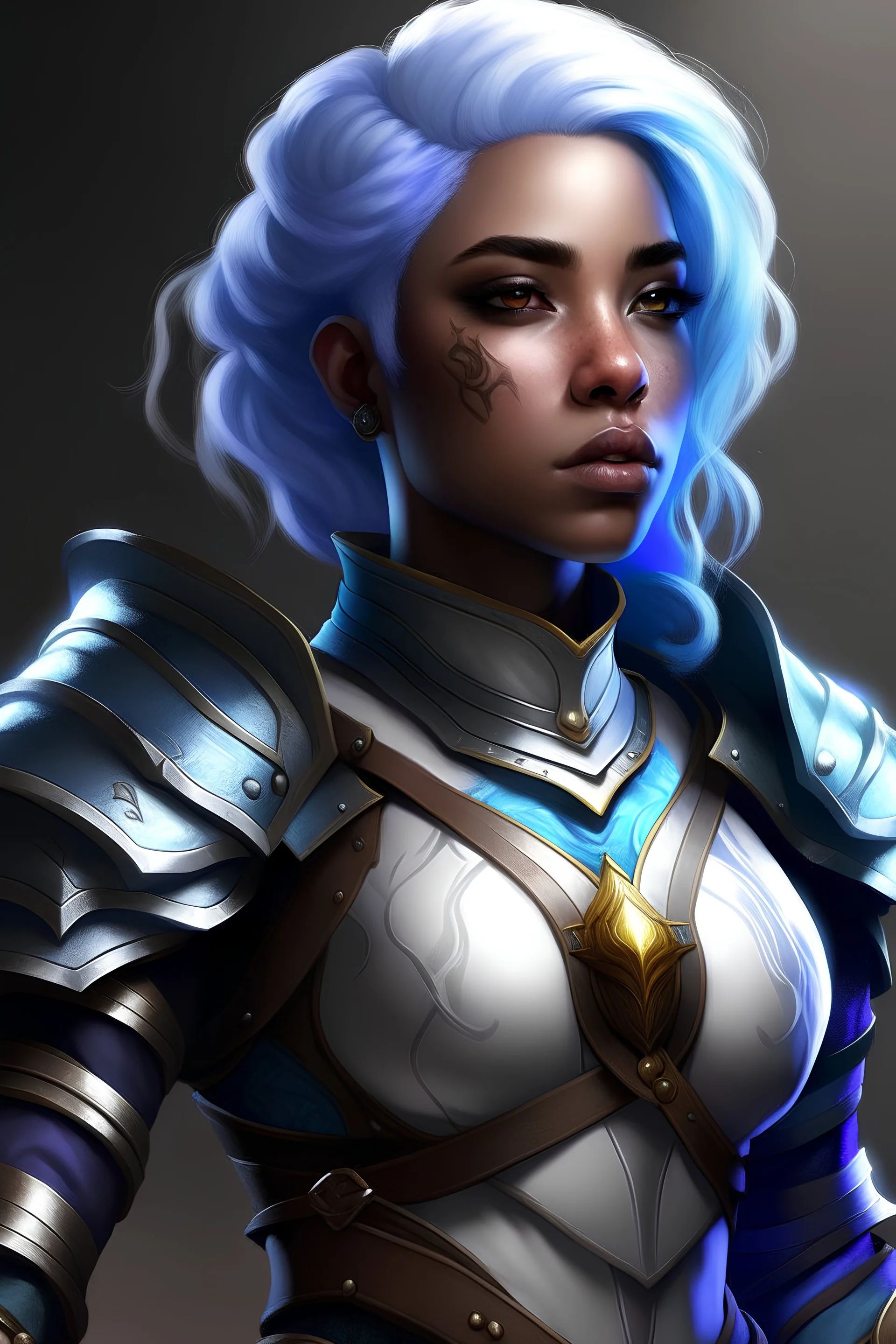 female air genasi from dungeons and dragons, white blue hair, wind like hair, woman of color, chain mail and hot leather clothing, cleric, realistic, digital art, high resolution, strong lighting, blue and purple coloring