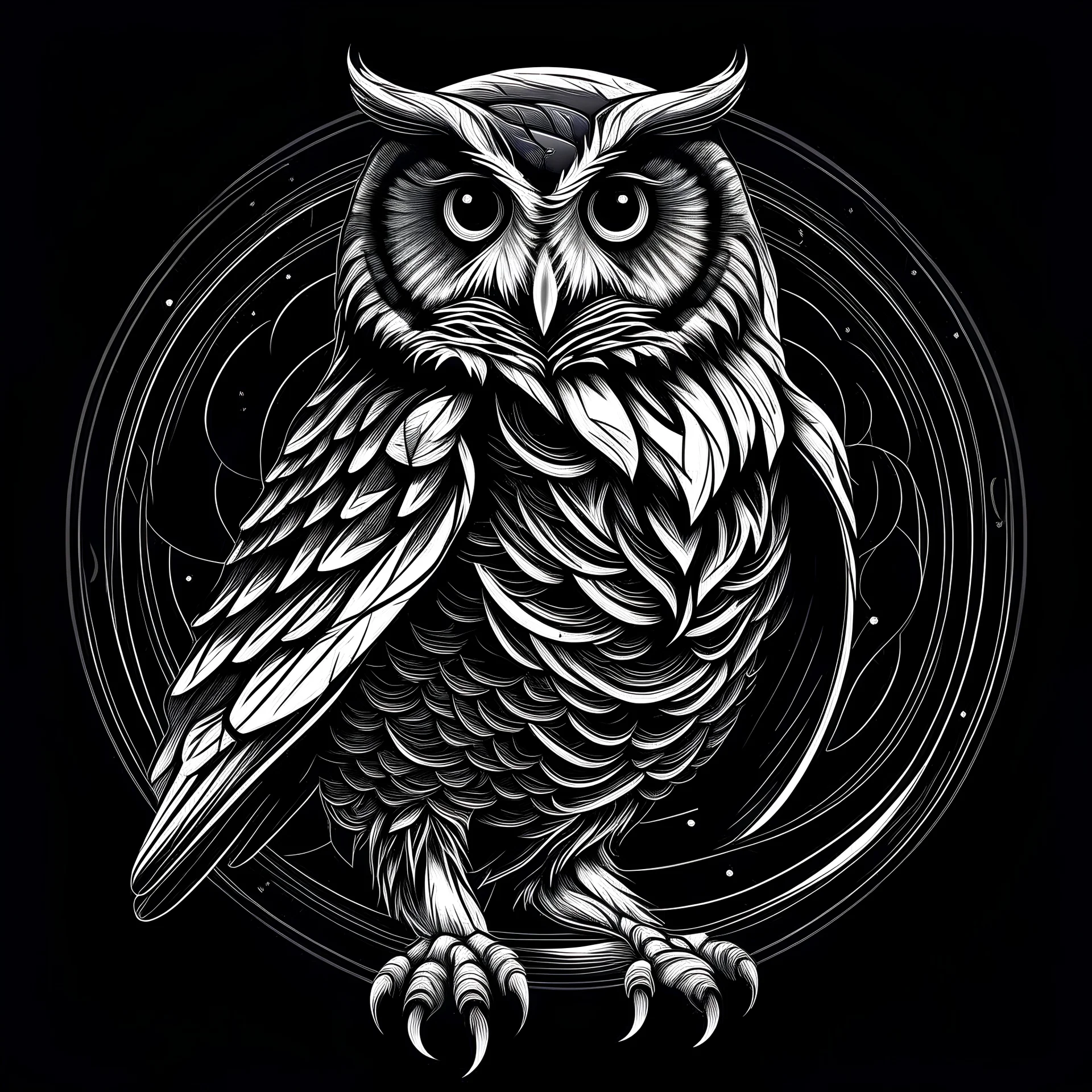 Detailed art of a full length picture of a proud owl, with lines with distance between them and the contrasting dark and light, wave like, Bw, full body, purple eye's, logo design, circular