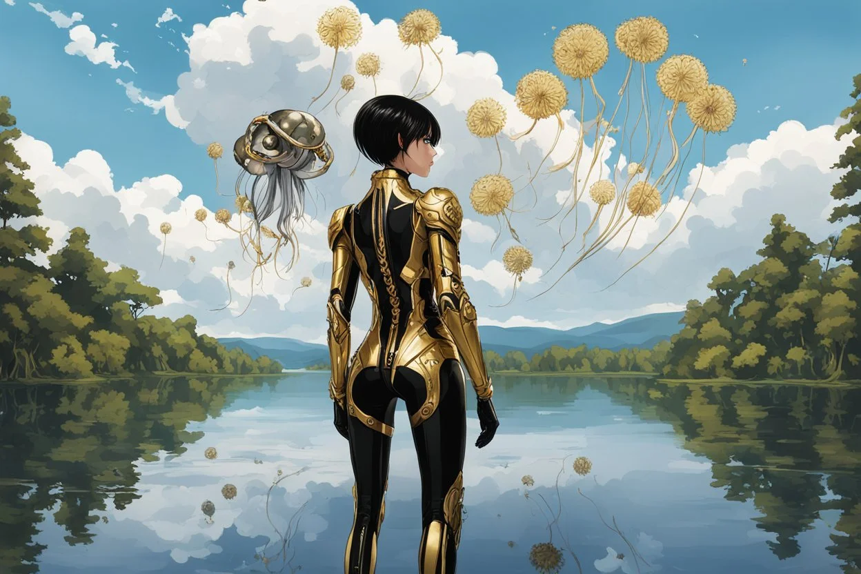 A skinny woman with black hair, in a gold and black android suit, standing, looking out over a lake, with flying dandelion heads with octopus tentacles, with tall narrow cloud trees in the distance