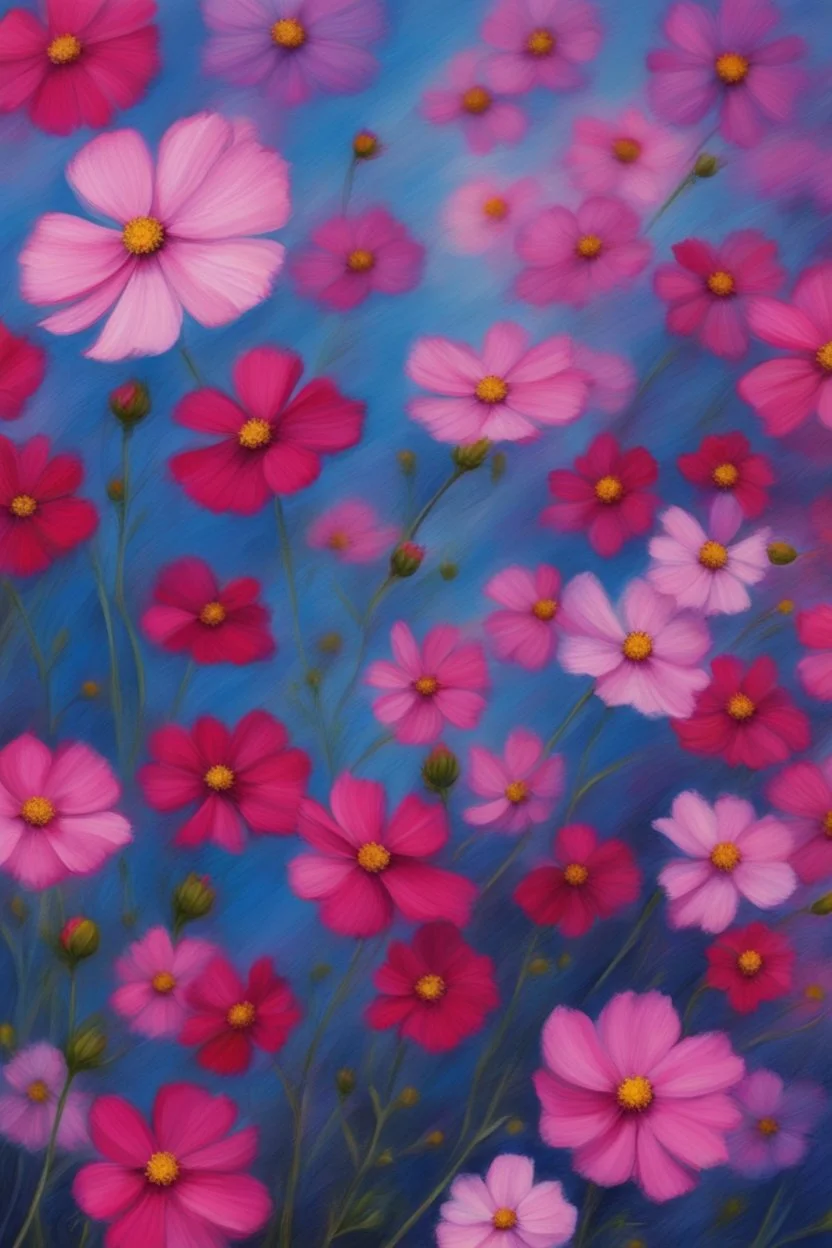 Many Cosmos flowers in blue and pink to be used on a business card as background, realistic beautiful, thick oil paint