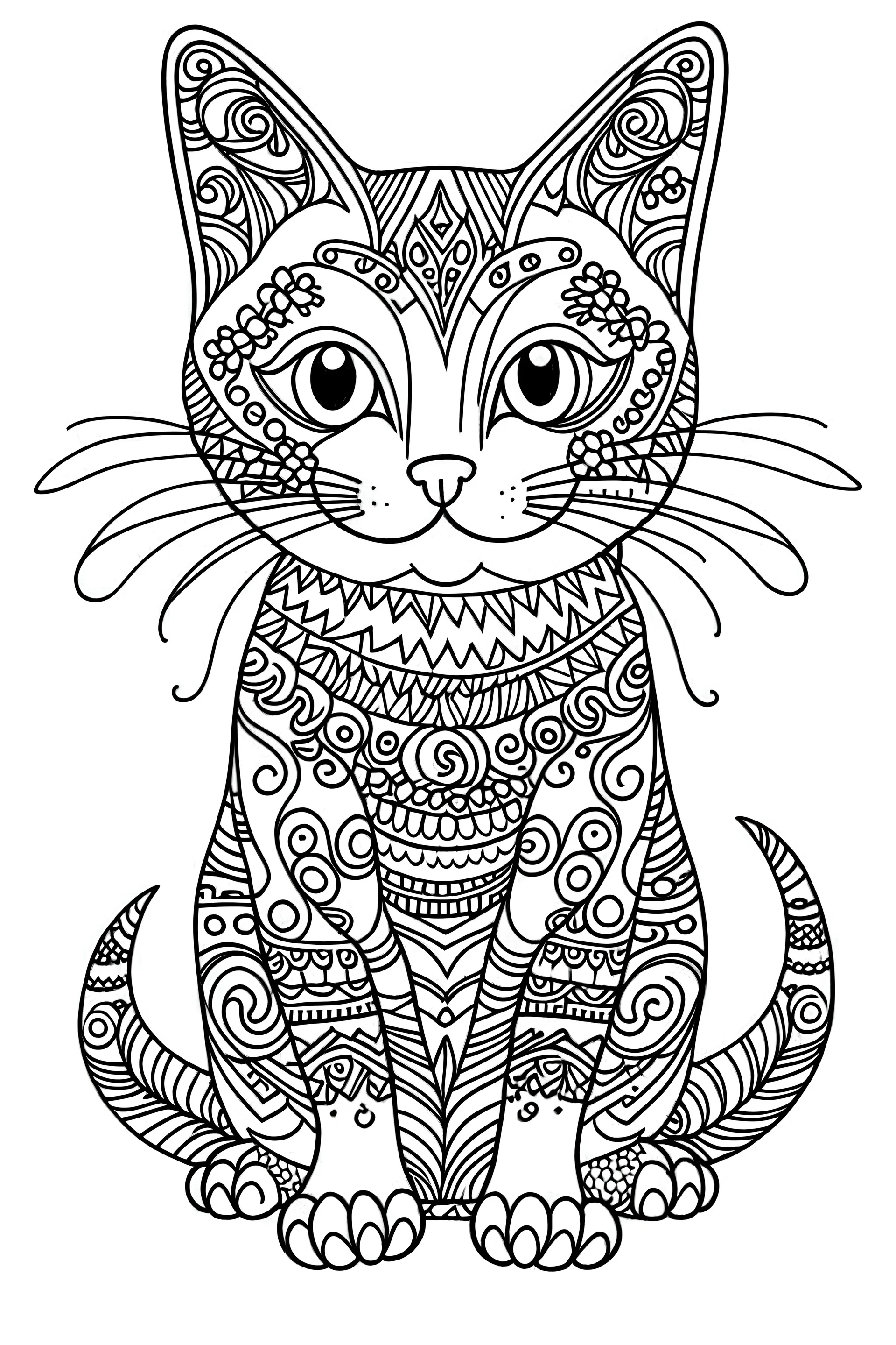 outline art for cute coloring pages with cat, white background, sketch style, full body, only use outline, Mandala style, clean line art, white background, no shadows and clear and well outlined