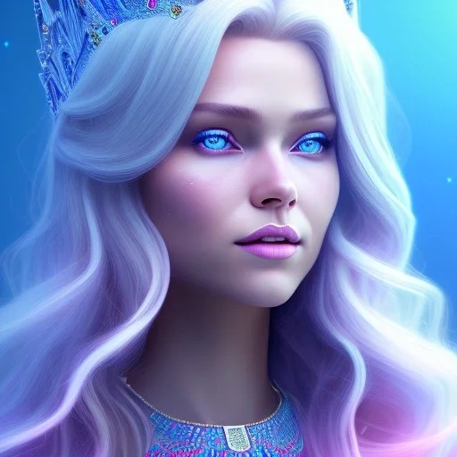 A portrait of a full body crystalised blue pink queen,smiling face, blue eyes, long blond hair, atmospheric, realistic, unreal engine, lighting