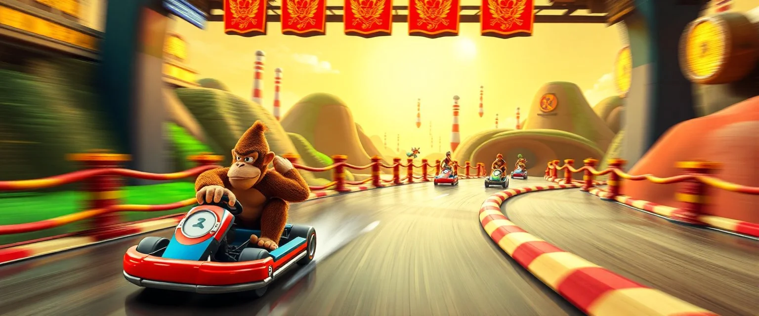 donkey kong bowling stage racing, motion blur, weird creatures, mini racing kart, fences and hills
