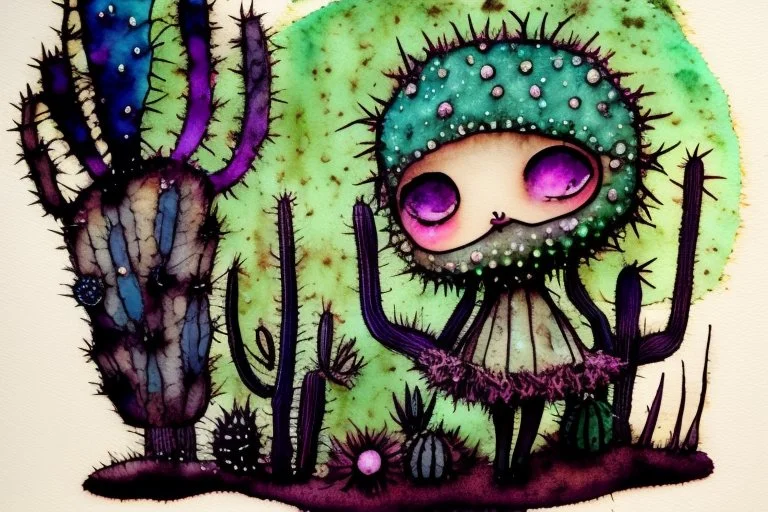 closeup, so much fluff, Cute chibi cacti fairy, painted and burned burlap, moonlight, styles of H. R. Giger, Paul Klee Dee Nickerson and Tim Burton, melting watercolor and black ink outlines on wet paper, soft, shading strokes, in candlelight, ethereal, otherwordly, cinematic postprocessing, bokeh, dof, S<AI