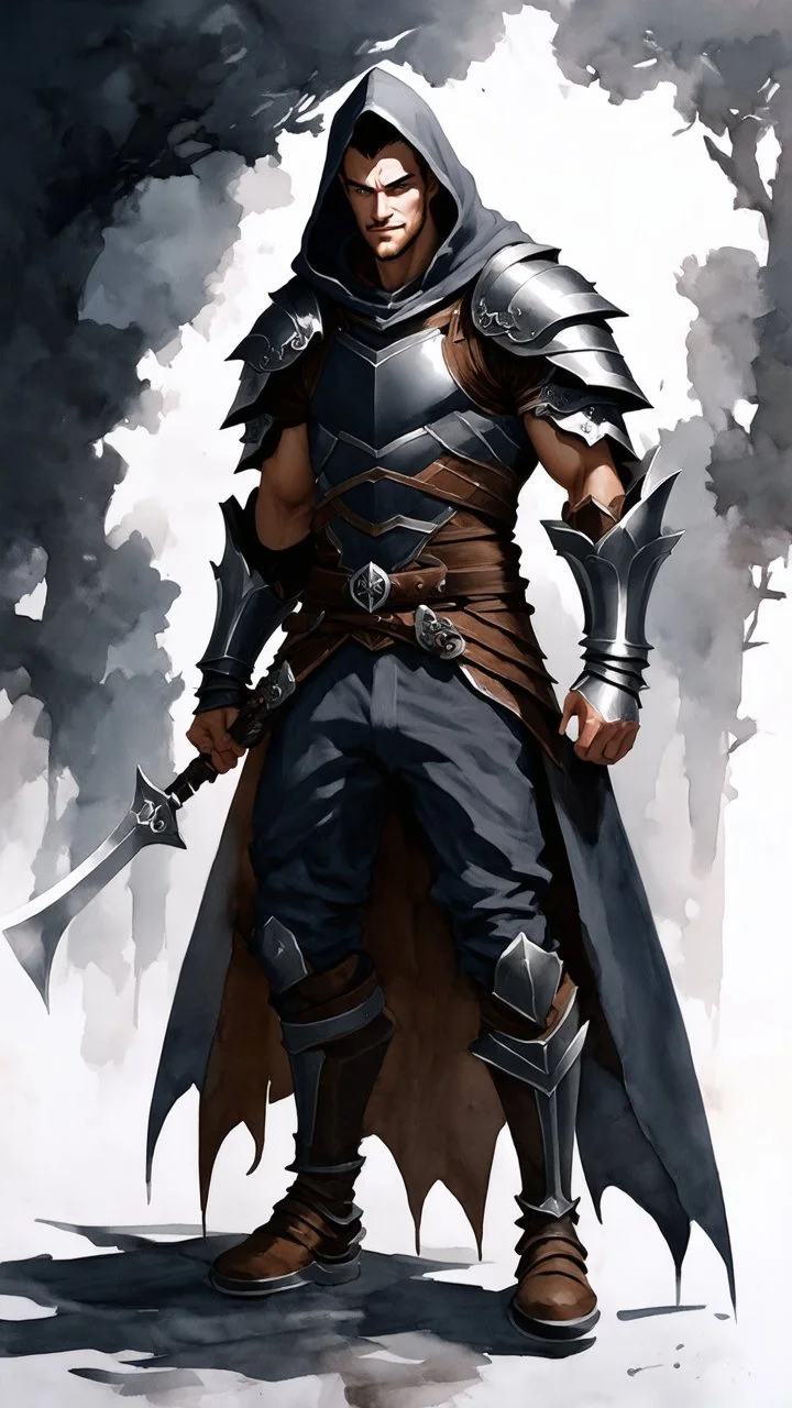 Watercolour painting character full body portrait of a half elf male shadow sorceror, dark armour and hood, smirk, creepy, charismatic, handsome, very dark shadowy background, full legs, creepy dark colours --ar 3:4 --v 6.1