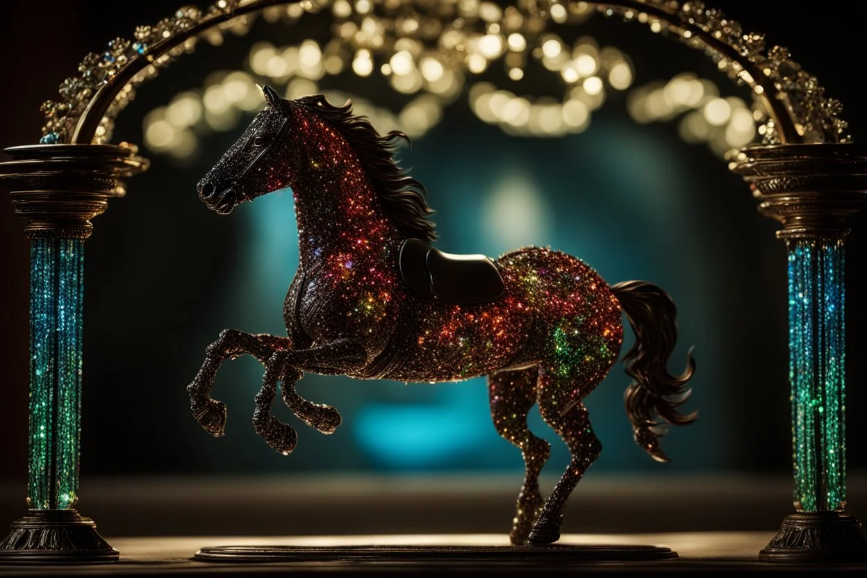 night, dark room, bioluminescent Coloured glass dynamically jumping horse set with gemstones, glittering metal stems and gemstone leaves on a room table sharp focus elegant extremely detailed intricate very attractive beautiful dynamic lighting fantastic view crisp quality exquisite detail gems and jewels S<AI Weight:1 Professional photography, bokeh, natural lighting, canon lens, shot on dslr 64 megapixels sharp focus Weight:0.9