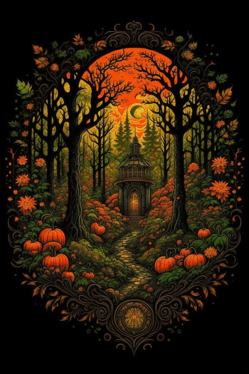 Autumn Evening Garden T-Shirt Design, Black Background, by Andrew Ferez