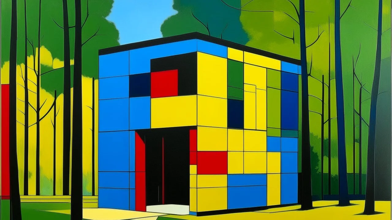 Architectural painting of a building with a De Stijl design, featuring a yellow cube with a window, a blue rectangle, and a red rectangle, all connected by a black structure with an opening, surrounded by green foliage and trees, painted with visible brushstrokes and a slightly textured surface.