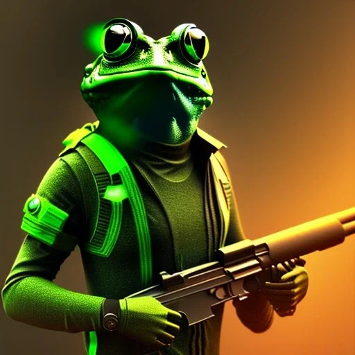 cyberpunk frog, holding a sniper rifle, green nightvision filter