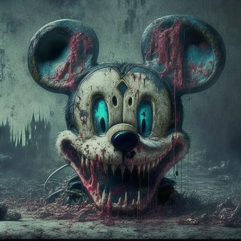 zombie mickey mouse hybrid, photorealism, movie screen capture, horror, sci-fi, evil, hungry, rotted