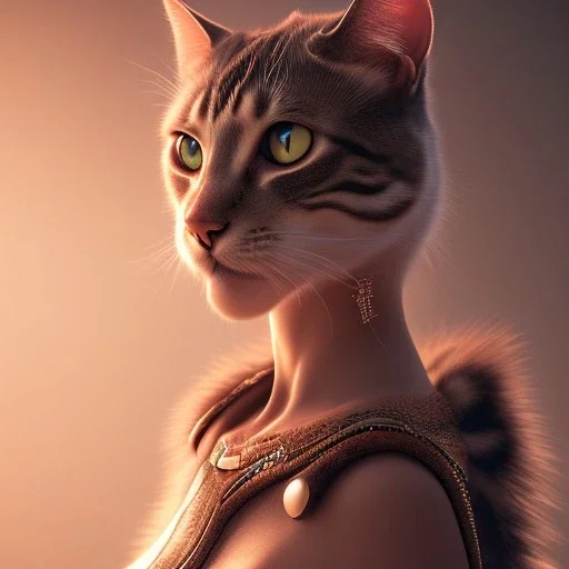 woman with the head of a cat, pixar style, dramatic, dramatic lighting, volumetric lighting, hyperrealism, 8k, high quality, photorealistic, lot of details