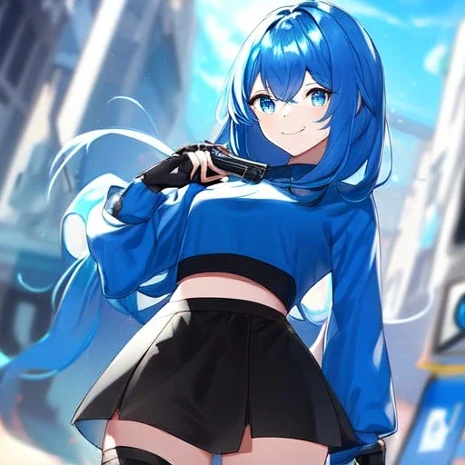 Clear focus,High resolution, Vibrant short blue hair, Vibrant blue eyes, Wearing a black short skirt,black crop top sleevelss,blue cut sleeves,black fingerless gloves, Smiling,Long bangs, Smiling, Holding a pistol