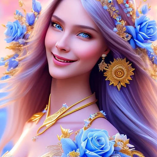 Beautyful smiling young woman, long hair amazing blue eyes, flowers, happy cosmic, bright colors, blue, pink, gold, jewels, realistic, photo real, clear sunny background, highly detailed, high contrast, 8k high definition, unreal engine 5, extremely sharp detail, light effect, sunny light background