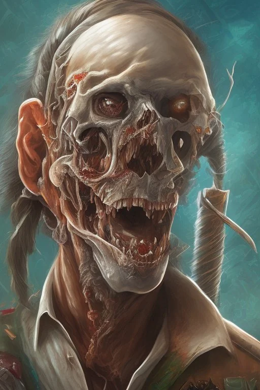 close up portrait of a zombi as a pirate, 2d drawing, background on a boat