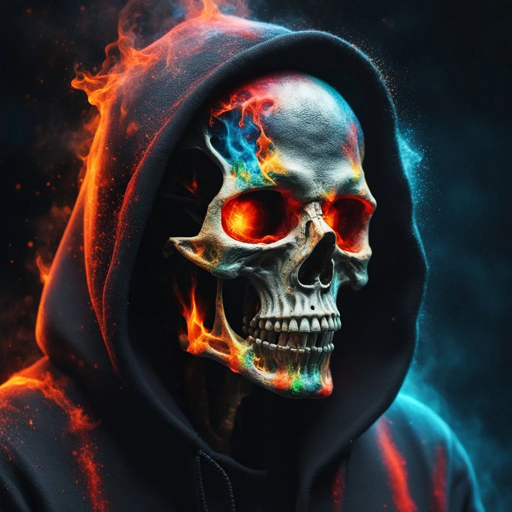 portrait of a Skeleton in a black hoodie, the skeleton is covered in red orange yellow green blue pain, profile picture, cool frontal illumination, fire and water particles in the air, digital painting, sharp focus, high contrast, bright vibrant colors, cinematic masterpiece, 16k resolution, photorealistic, intricate details, dramatic natural lighting