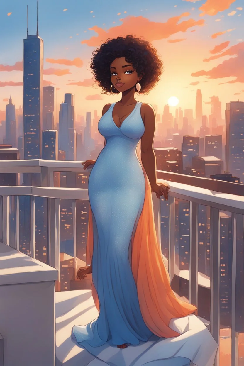 The scene opens onto a serene balcony overlooking a bustling city skyline. The sky above is painted in soft hues of blue and orange as the sun begins its descent, casting a warm glow over everything it touches. In the foreground stands a captivating figure, airbrush chibi cartoon curvy black woman exuding confidence and elegance. She is adorned in a flowing white knit maxi dress that hugs her curves in all the right places, accentuating her silhouette. Her choice of footwear is equally stunning