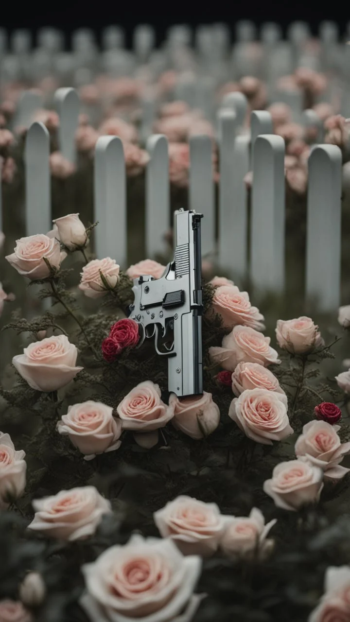 A grave in a field full of roses. Above the grave is a white lace scarf and a gun.cinematic