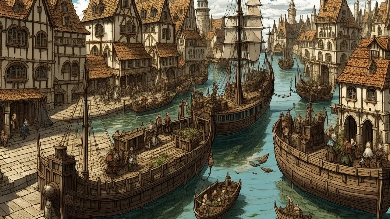 gothic medieval harbour with ships, piers, houses, shops, inns, balconies, plants, people, market