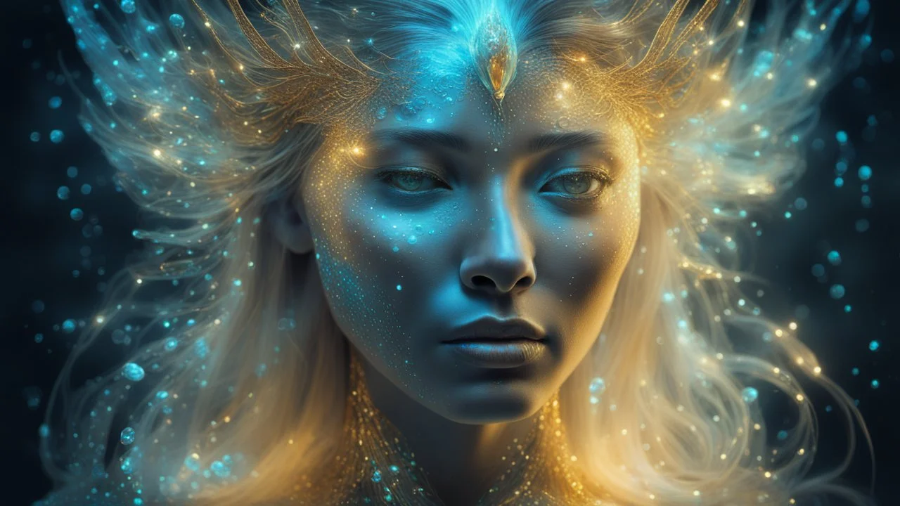 Photo in bioluminescent art style depicting a divine bird woman, embossed, double exposure, Bioluminescent dewy translucent glowing skin, ethereal glowing eyes, long neck, perfect face in ultra-realistic details, gold, flowing hair, The composition imitates a cinematic film with dazzling, golden and silver lighting effects. Intricate details, sharp focus, crystal clear skin create high detail. 3d, 64k, high resolution, high detail, computer graphics, hyperrealism, f/16, 1/300 sec. digital painti