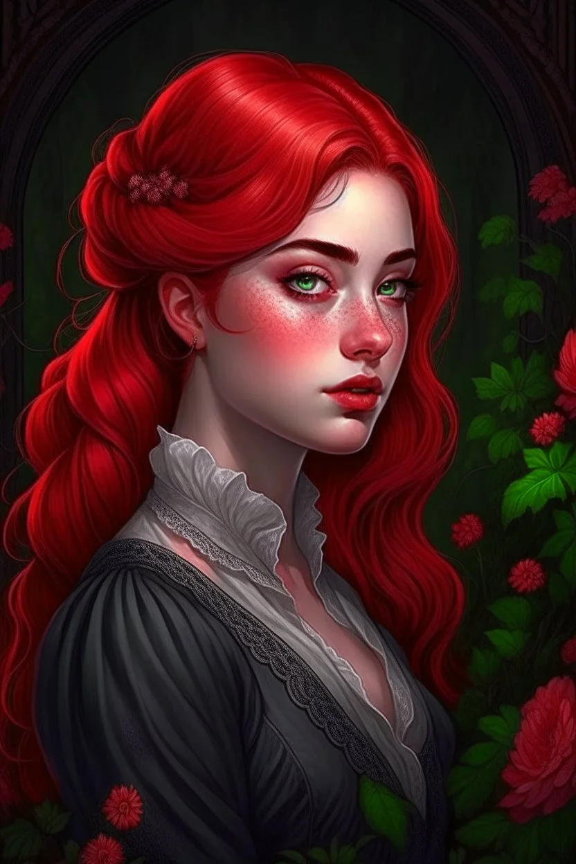 Somatou Style, European Features, Nanette Fluhr, Gustave courbet style , Lindsay Lohan red hair teenager, Digital art anime, the scene is depicted in a realistic style, Portrait, with a somber sort of elegance, Victorian-inspired illustrations, elegant lines and shading, Floral accents, Regal background, Dark fantasy art , Supernatural Mystery