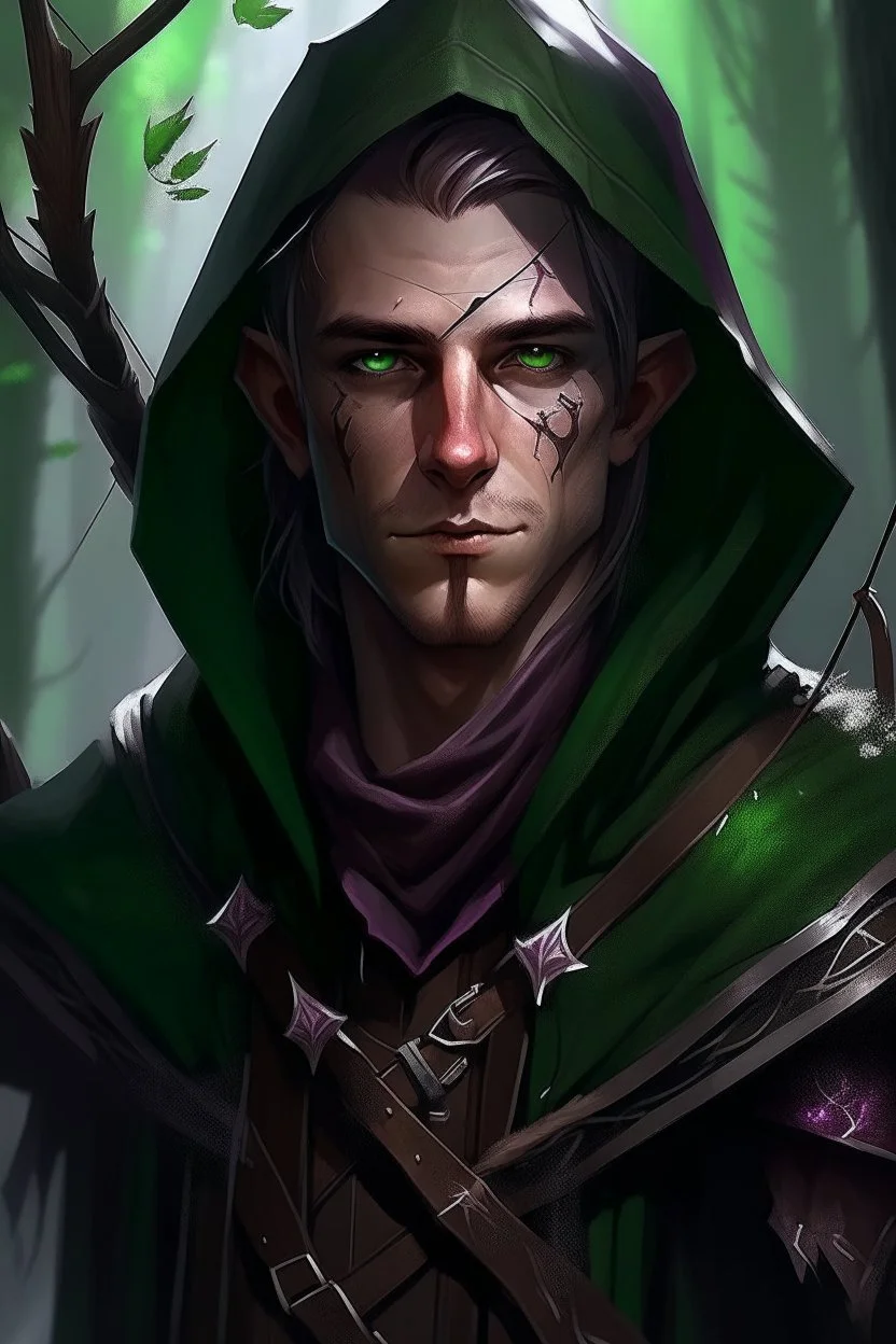 35 year old male dark rogue wood elf, thief assassin, messy Mauve hair, sparkling green eyes, glowing brown skin, black hood, black leather, messy, disheveled, trees, sneaky, bow and arrows, tall, skinny, friendly, stoner