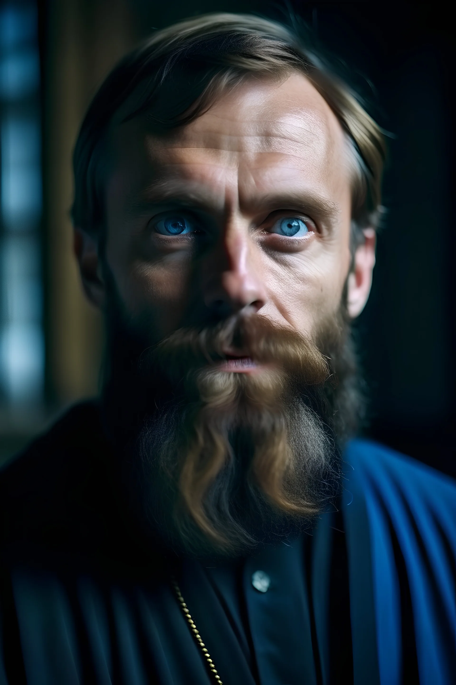 catholic priest, full beard, blue eyes