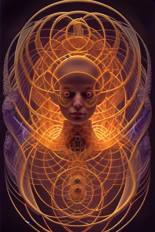 Spiritual being with Tentacles over human Head creating reality around, wrapping Spiral around Human, Psychedelic