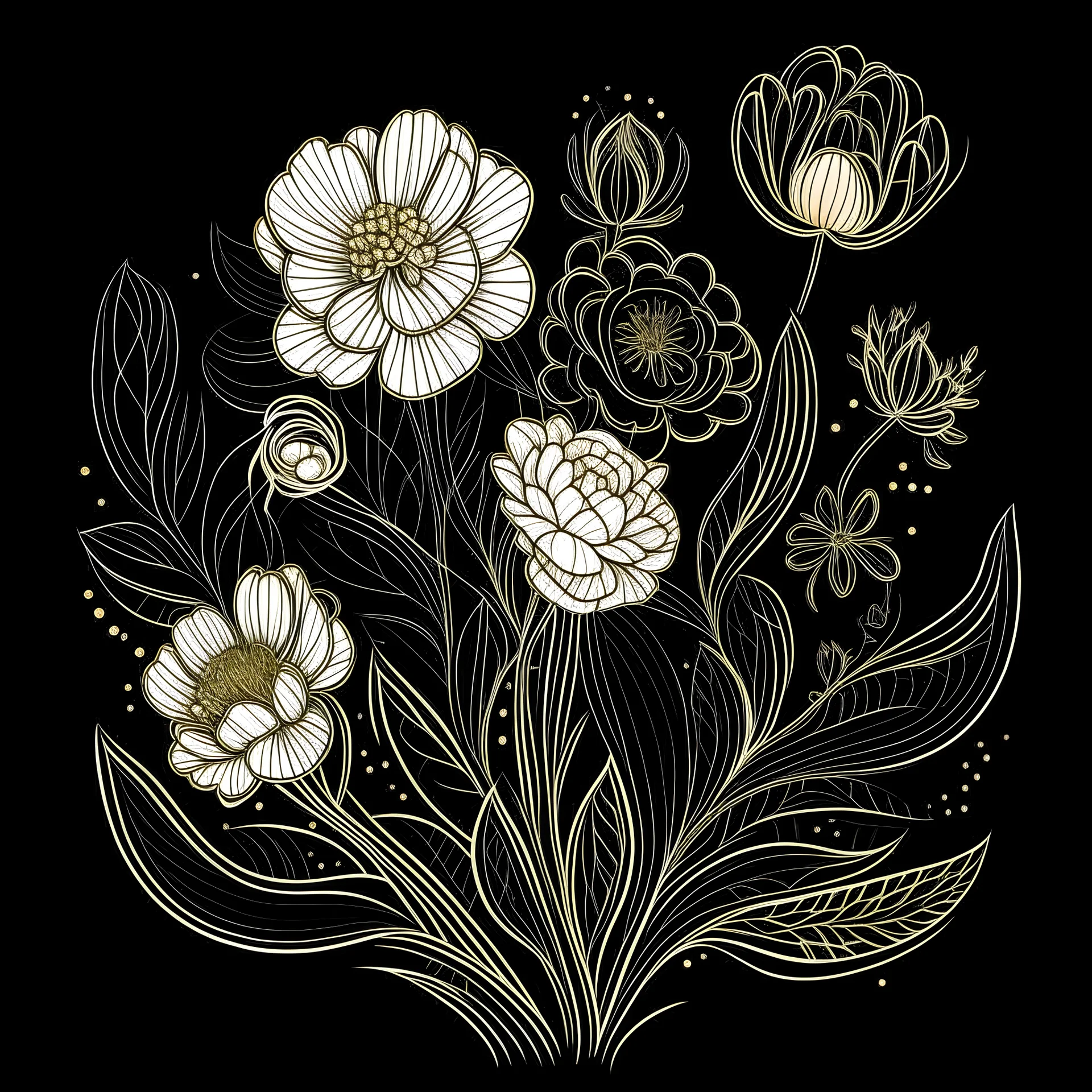 un dibujo solo lineal sobre fondo negro, ramillete hermoso de flores en color blanco y color dorado