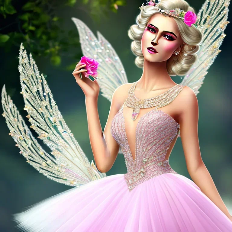 beautiful fairy with transparent wings, smiling, make up, long platinum blond hair with crown and flowers, pink dress