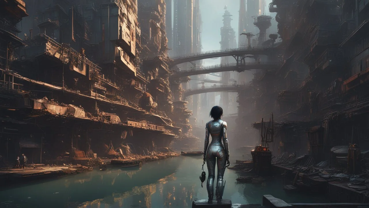 woman in a silver catsuit looking at a view of buildings made of reused dirty rusty metal next to a futuristic canal junction, cyberpunk, many painted colours, flying boats, balconies, bridges, people, shopping, eating, walking, fifth element, ghost in the shell, altered carbon, Ian McQue a masterpiece, 8k resolution, dark fantasy concept art, by Greg Rutkowski, dynamic lighting, hyperdetailed, intricately detailed, Splash screen art, trending on Artstation, deep color, Unreal Engine, volumetric