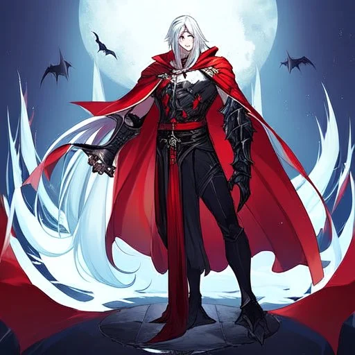 Vampire knight, young man, handsome, long white hair, black full plate armor, red cape