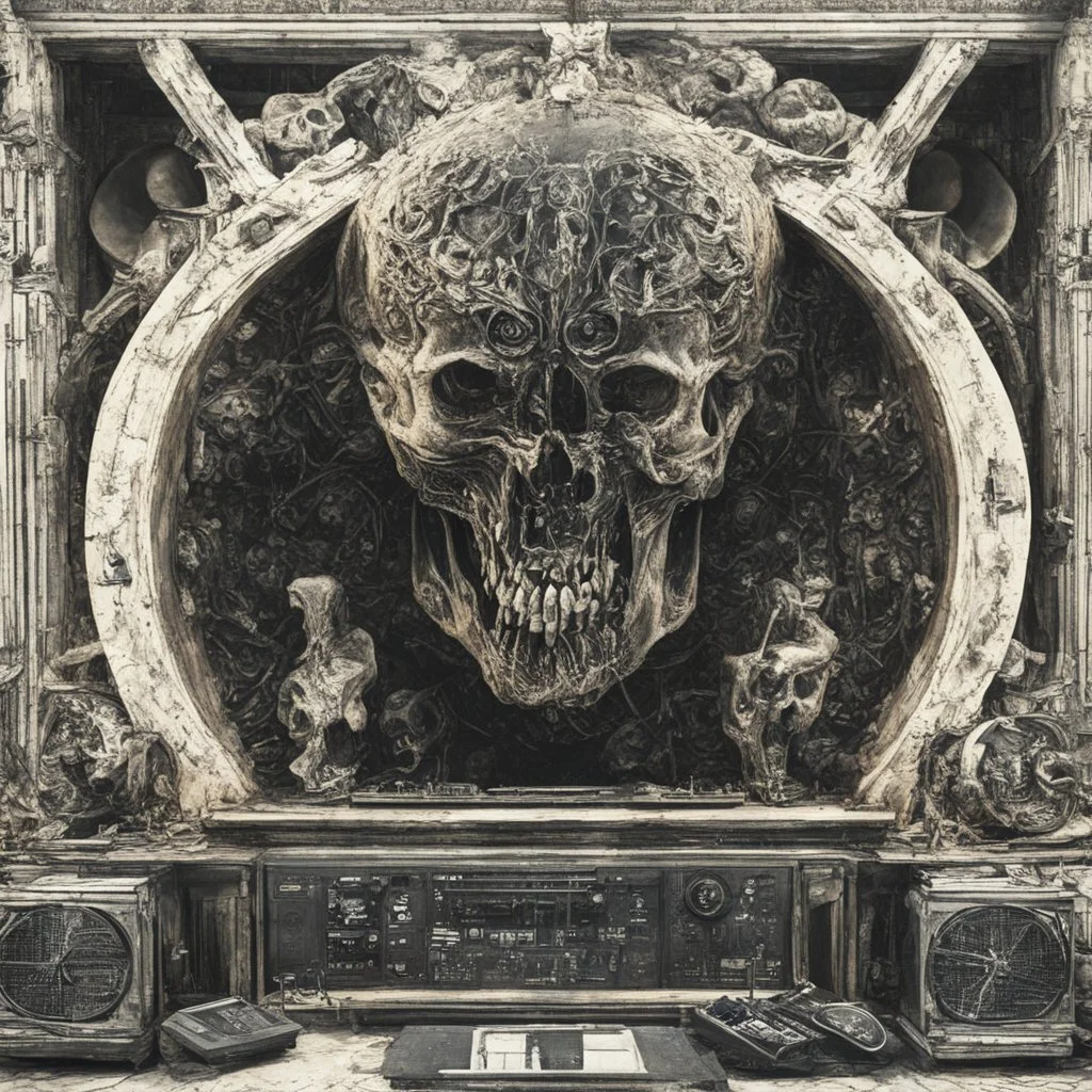 DJ of the damnded, insanely detailed DJ booth in hell, MID set, speakers and equipment made of bone, anatomically correct, add more skulls in th audience, photorealism, vray, 8k 3d https://stablecog.com/generate?o=a67b60e0-edd2-418d-9744-d1d585055d7fv https://stablecog.com/generate?o=93026b00-ac6b-436a-bc57-6aa04073d4a9