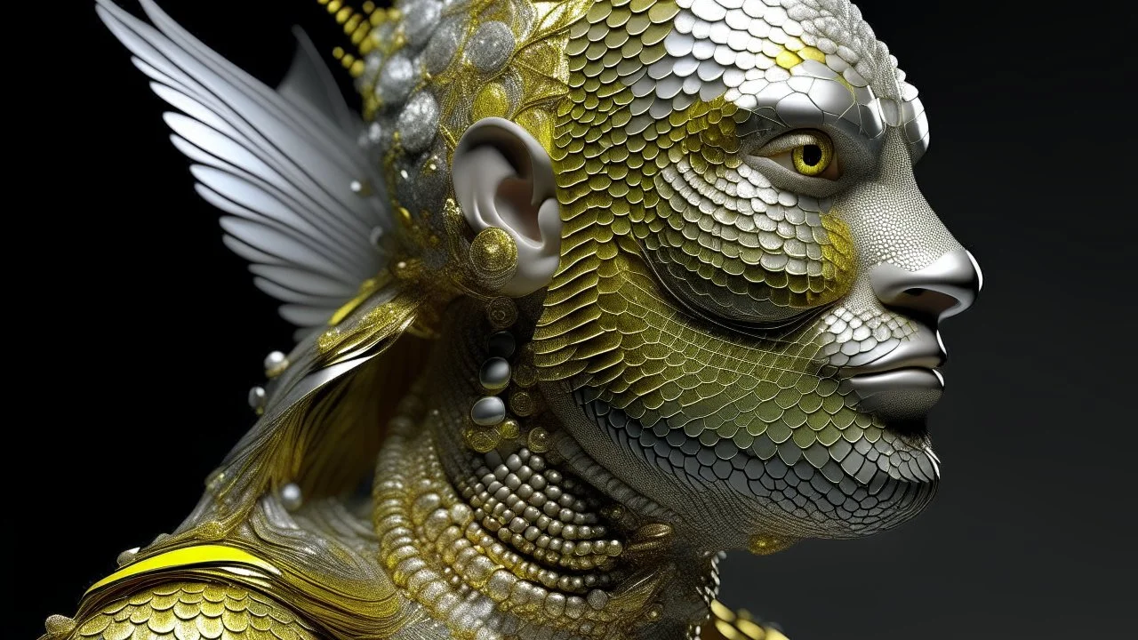 figure of a fish man with fish scale skin, art from Jasper Harvey's "art of control" collection, futuristic optics style, silver and gold, flower, bird, detailed facial features, swirling vortices, 8k 3d, bizarre cyborgs made of crystals, high detail, high resolution, 8K