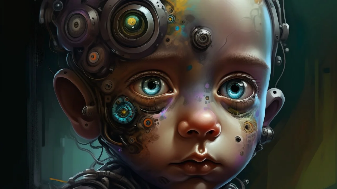 A close-up, portrait-style digital painting depicts a surreal, cyborg-like child's head and upper torso against a muted, textured background. The child's face is a disturbing blend of organic and mechanical elements. One eye is a large, intricate, mechanical prosthetic with a vibrant, multi-colored iris, while the other is a more natural, albeit scarred, human eye. Wires, tubes, and metallic components are embedded into the skin, particularly around the head and face, suggesting a fusion of fles