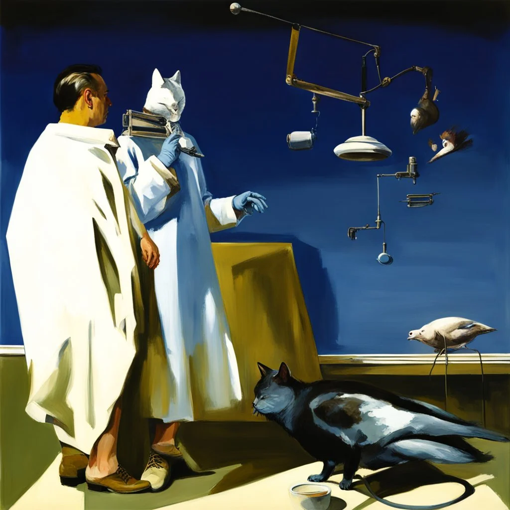 UN conference,a cat and human flesh-like surgical instruments and universe-like a pigeon and neuralink, surrealism,minimalism,Painting By Adrian Ghenie, Rene Magritte, Salvador Dali, Lucian Freud