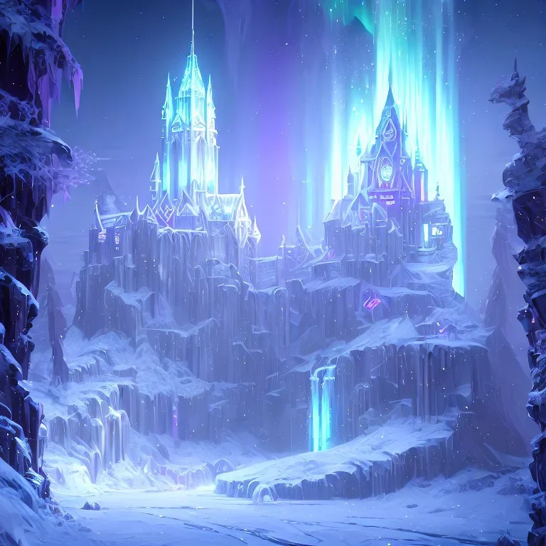 white and gold crystal castle，waterfall, winter snow flakessnow, northern Lights, full of details, smooth, bright sunshine，soft light atmosphere, light effect，vaporwave colorful, concept art, smooth, extremely sharp detail, finely tuned detail, ultra high definition, 8 k, unreal engine 5, ultra sharp focus