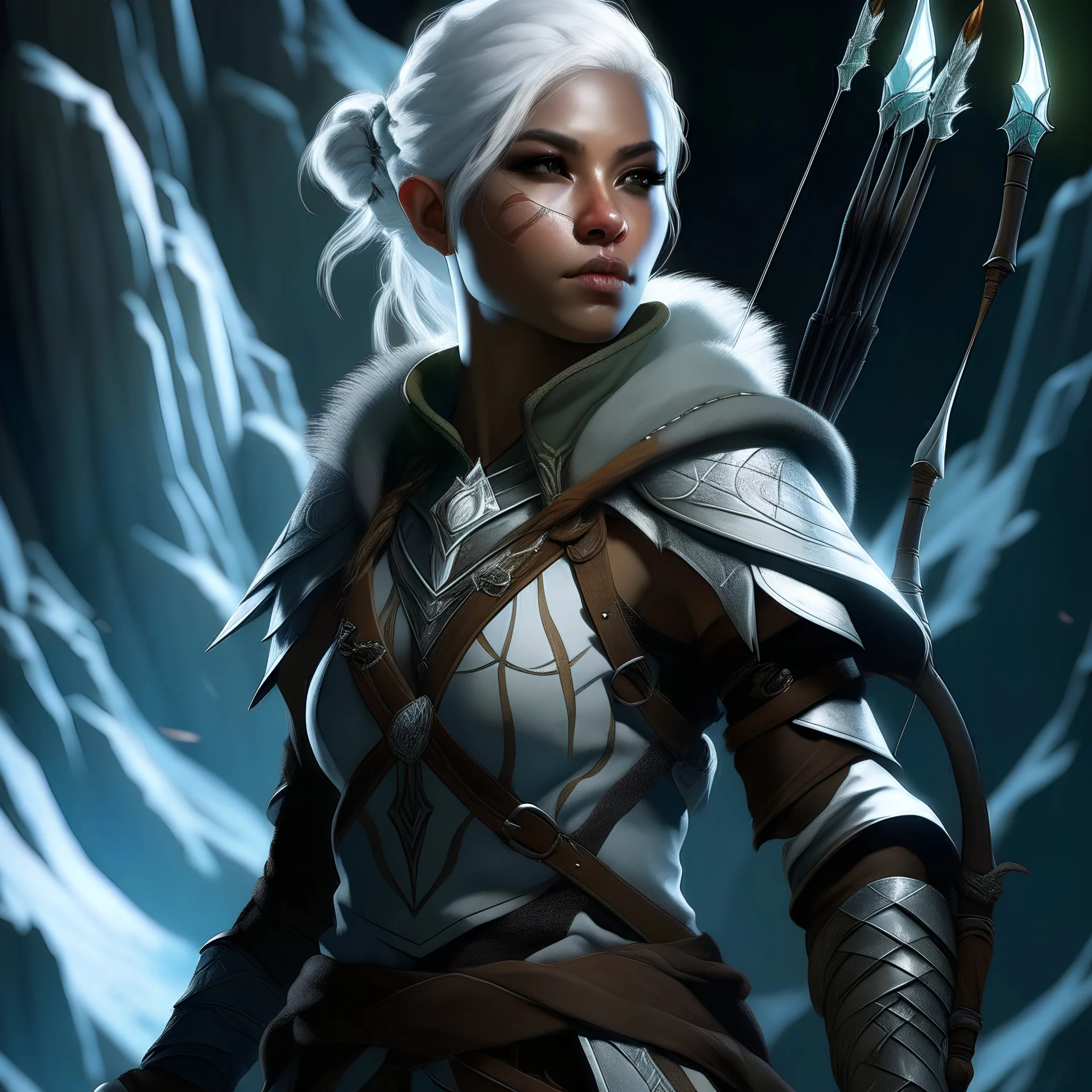 female ranger from dungeons and dragons, hot leather clothing, white braided hair, woman of color , poised with her bow at the base of a mountain, ice blue eyes, quiver full of arrows adorned with intricate psychic runes, realistic, digital art, high resolution, strong lighting