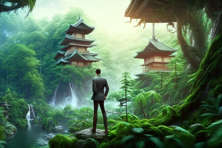 Man in Japanese clothes looking at jungle while it's winter , snow, concept art, smooth, extremely sharp detail, finely tuned detail, ultra high definition, 8 k, unreal engine 5, ultra sharp focus, illustration, magic ambient