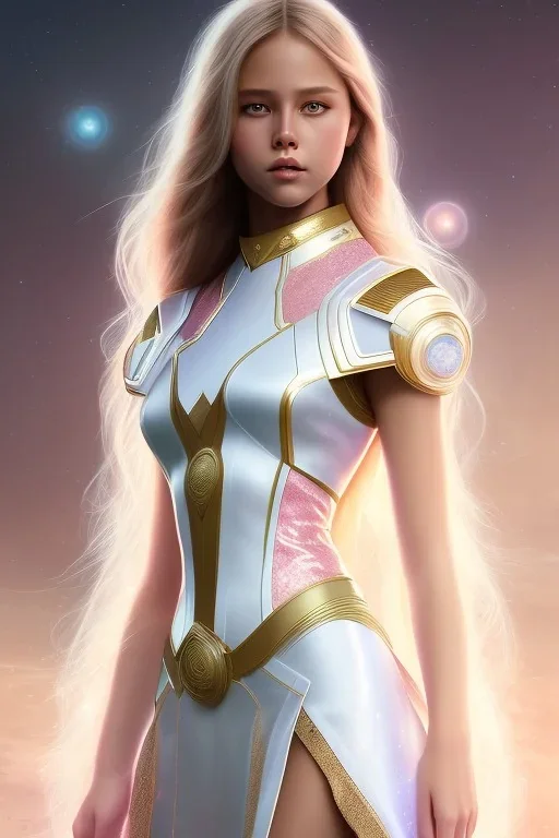 kristina pimenova as nature magic celestial, long middle blond hair, pink and white, transparent cloth, space, d&d, shiny background, intricate, elegant, highly detailed, digital painting, artstation, concept art, smooth, sharp focus, illustration, artgerm, bouguereau