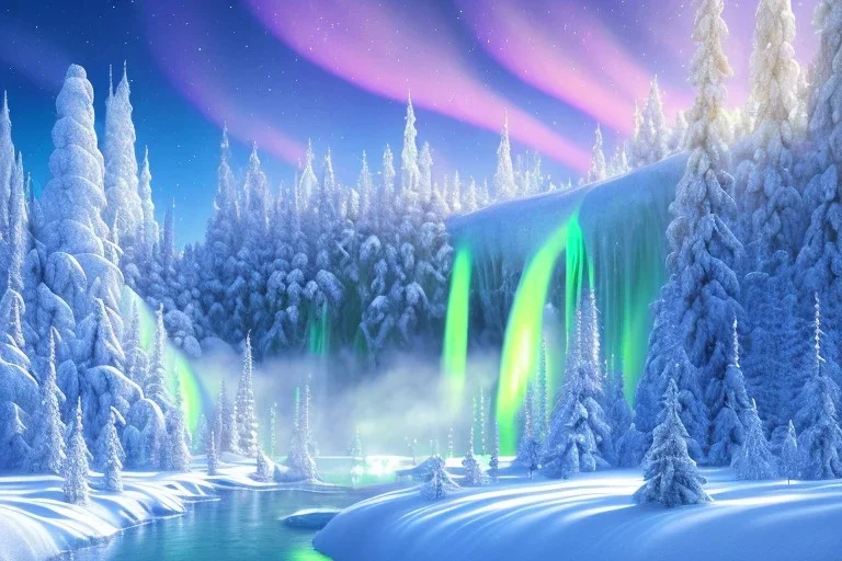 white and gold crystal background，waterfall, winter snow flakessnow, northern Lights, full of details, smooth, bright sunshine，soft light atmosphere, light effect，vaporwave colorful, concept art, smooth, extremely sharp detail, finely tuned detail, ultra high definition, 8 k, unreal engine 5, ultra sharp focus