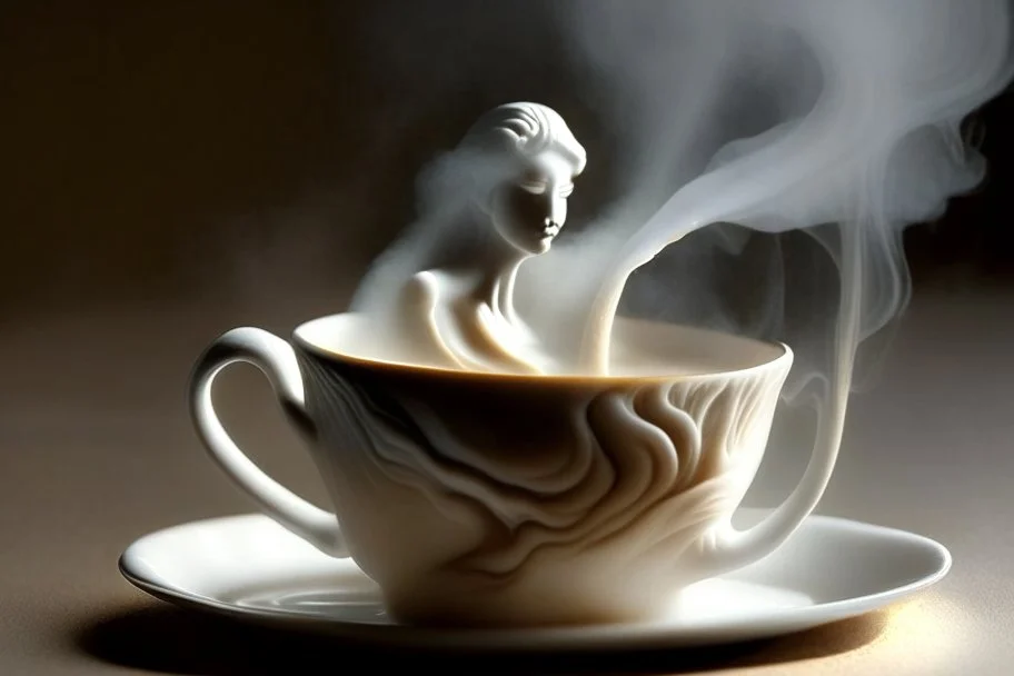 steaming coffee in a porcelain cup, the steam forming a female figure