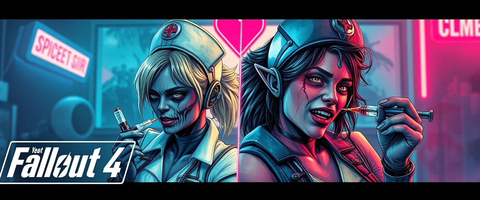 cyberpunk fallout 4, airbrush and pen outline, A cinematic, high-end advertisement image for a fictional service called “Spice Girl Nurse Glam Fashion Party™”. Split-screen composition with two contrasting emotional states. Mutants getting injected.