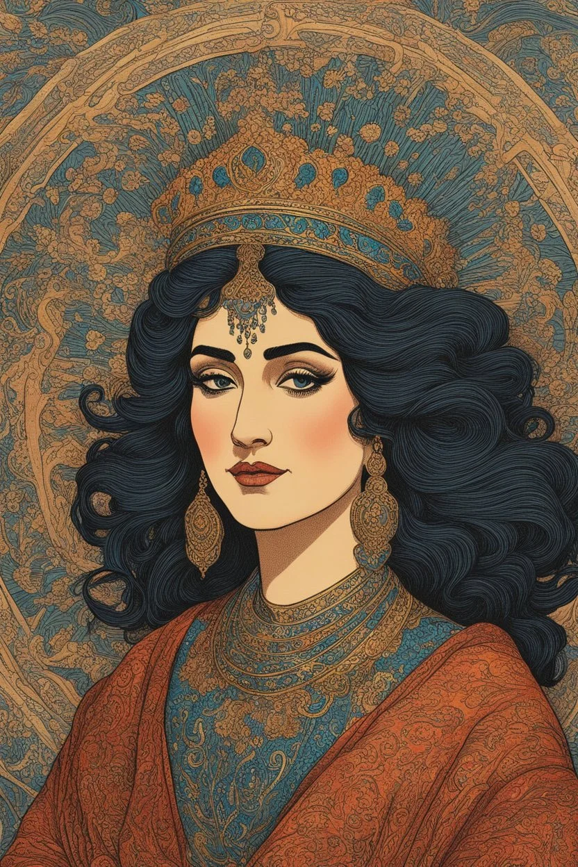 museum quality color woodcut of an ancient Persian queen with highly detailed hair and facial features , in the style of Gustave Baumann, with a fine art aesthetic, highly detailed, finely cut ,8k render,no tattoos on the face