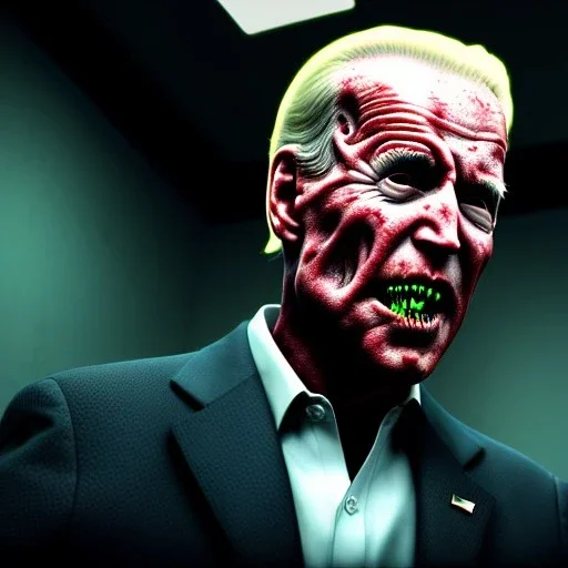 Ultra realistic image, joe biden zombie, zombie performance, skull, grey glow eyes. green blood, torn arm, night, walking twisted, waist up view, thriller style, dark ambient, highly detailed, White House background, concept art, unreal engine 5, god rays, ray tracing, RTX, lumen lighting, ultra detail, volumetric lighting, 3d, finely drawn, high definition, high resolution.