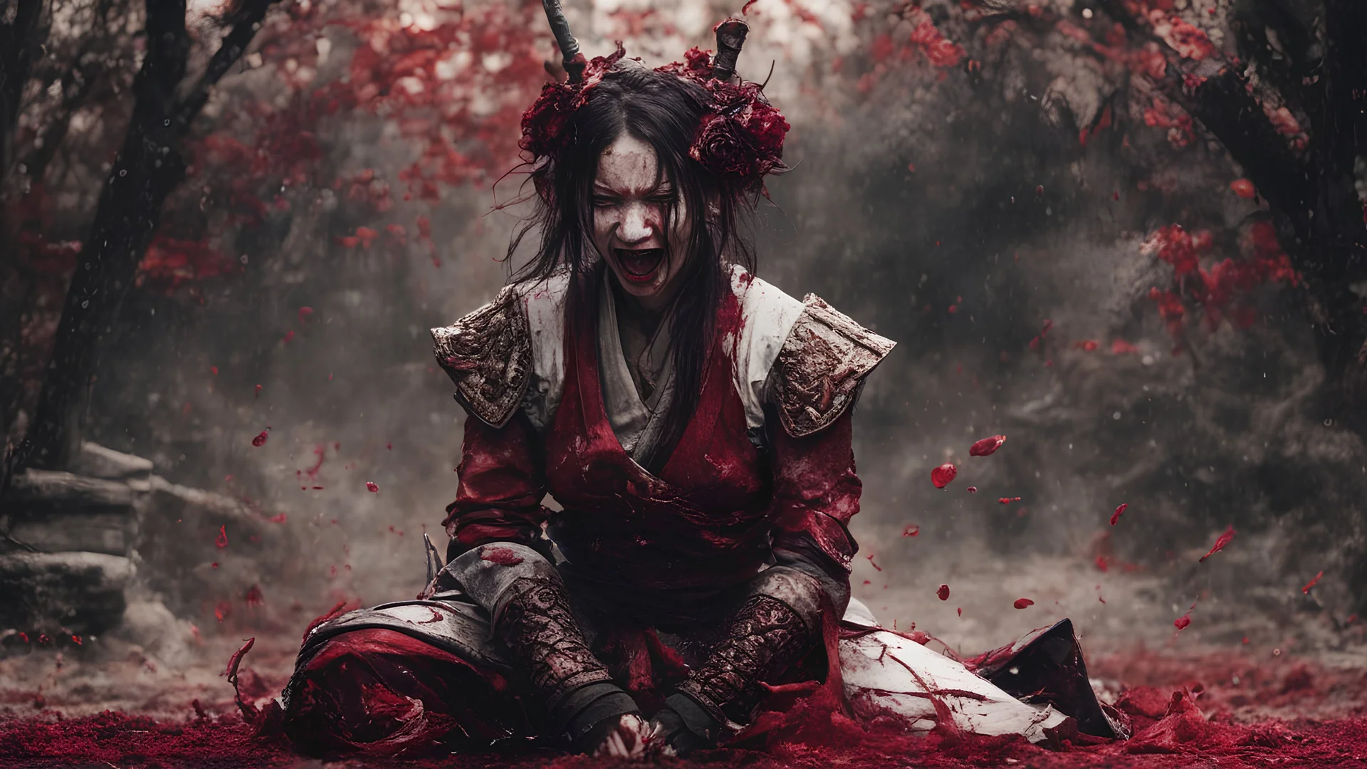 Tall girl samurai, face distorted with pain, screaming, tears streaming from eyes, siting pose, fullbody, splashes blood, behind guts rising from the ground, intricate, darkred tones, macro photography,